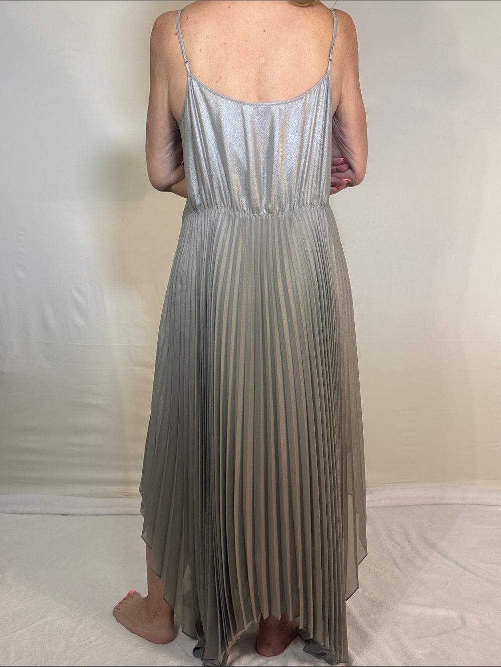 ALLSAINTS SILVER PLEATED MAXI DRESS SZ L - Picture 6 of 8